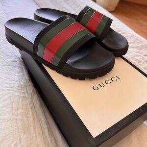 Gucci Black Slides with Red and Green